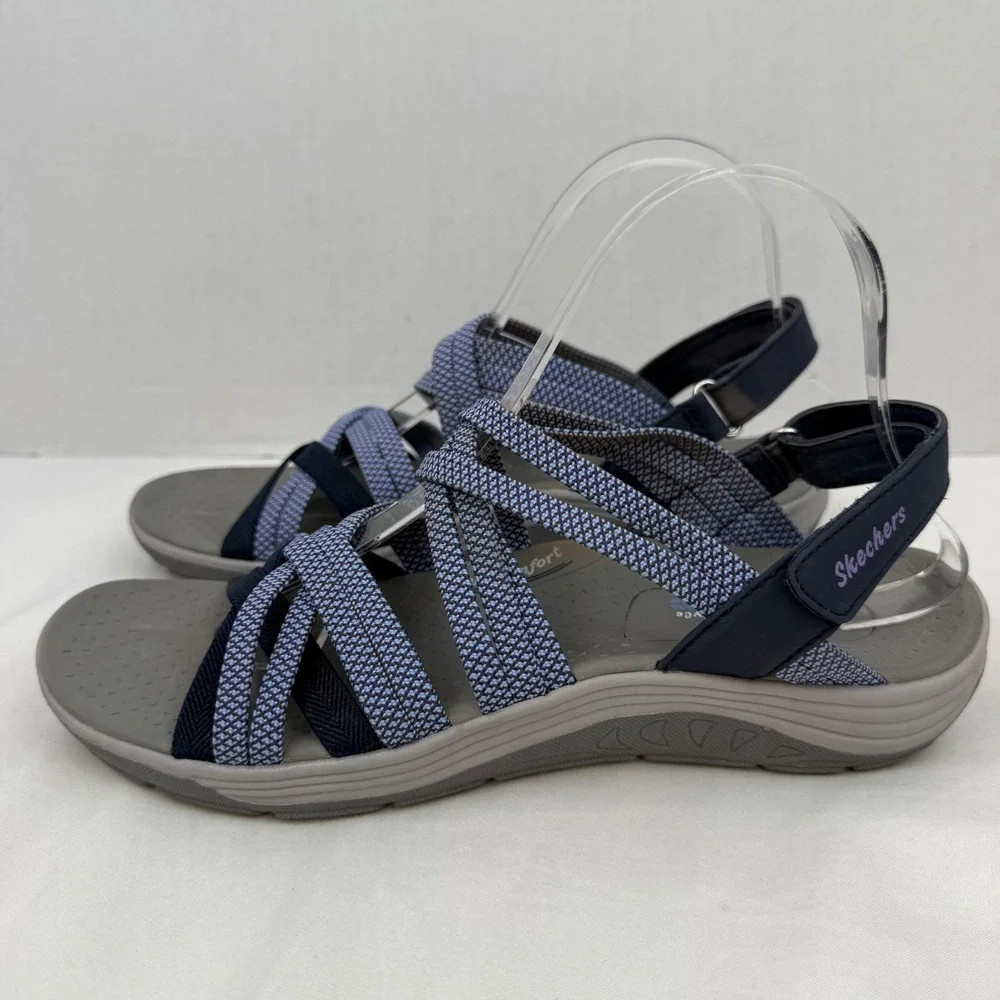 Skechers Reggae Slim Stretch Sandals Blue Navy Strappy Arch Comfort Footbed